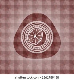 orange icon inside red emblem with geometric pattern background. Seamless.