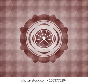 orange icon inside red emblem or badge with abstract geometric pattern background. Seamless.