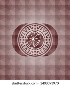 orange icon inside red emblem with geometric pattern. Seamless.