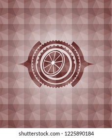 orange icon inside red geometric pattern emblem. Seamless.