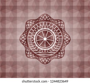 orange icon inside red geometric pattern emblem. Seamless.