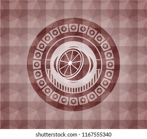 orange icon inside red seamless badge with geometric pattern background.
