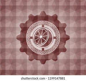orange icon inside red seamless emblem with geometric pattern background.