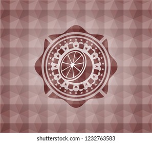 orange icon inside red seamless badge with geometric pattern background.