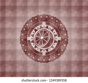 orange icon inside red seamless emblem or badge with abstract geometric pattern background.