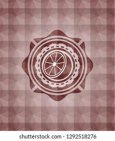 orange icon inside red seamless emblem with geometric pattern background.