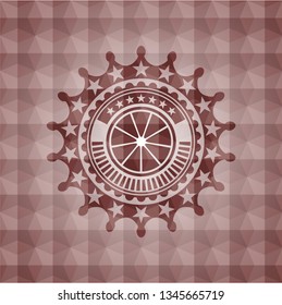 orange icon inside red seamless badge with geometric background.