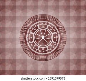 orange icon inside red seamless geometric badge.