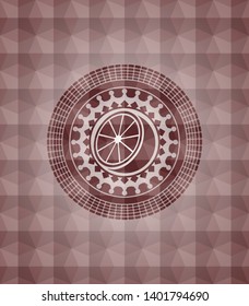 orange icon inside red seamless emblem with geometric pattern.