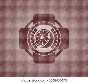 orange icon inside red seamless badge with geometric background.
