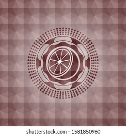 orange icon inside red seamless emblem or badge with abstract geometric pattern background.