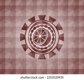 orange icon inside red seamless badge with geometric pattern. 