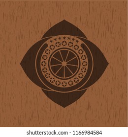 orange icon inside retro style wood emblem