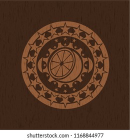 orange icon inside retro style wooden emblem