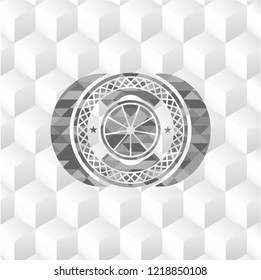 orange icon inside retro style grey emblem with geometric cube white background