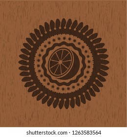 orange icon inside retro style wood emblem