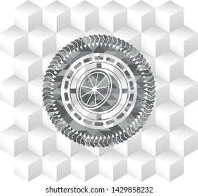 orange icon inside retro style grey emblem with geometric cube white background