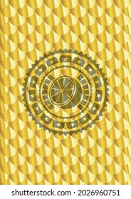 orange icon inside shiny golden emblem. Scales pattern. Vector Illustration. Detailed. 