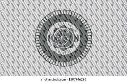 orange icon inside silver badge or emblem. Scales pattern. Vector Illustration. Detailed.