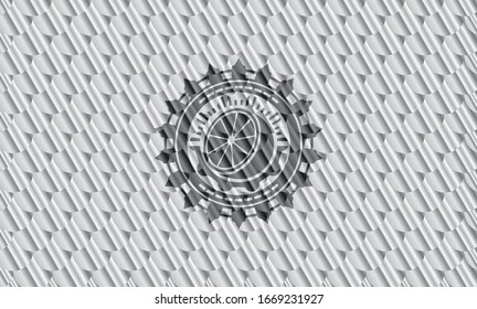 orange icon inside silver badge. Scales pattern. Vector Illustration. Detailed.