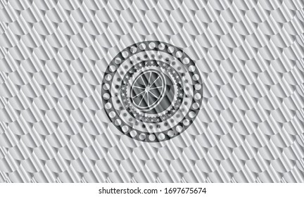 icono naranja dentro del emblema plateado. Patrón de escalas. Ilustración vectorial. Detallado.