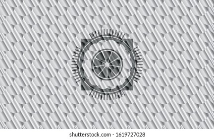 orange icon inside silver shiny badge. Scales pattern. Vector Illustration. Detailed.
