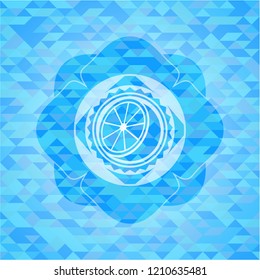 orange icon inside sky blue emblem with mosaic background
