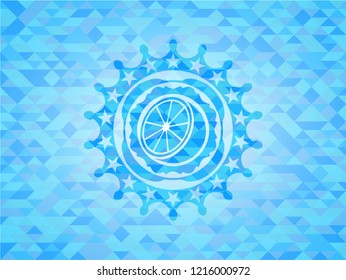 orange icon inside sky blue mosaic emblem