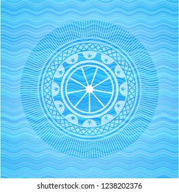 orange icon inside sky blue water wave emblem background.