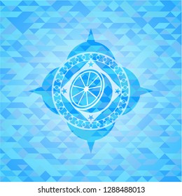 orange icon inside sky blue emblem with triangle mosaic background