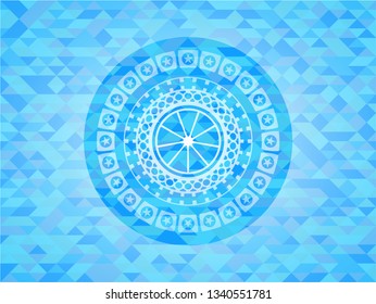 orange icon inside sky blue emblem with mosaic ecological style background
