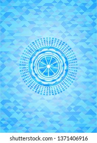 orange icon inside sky blue mosaic emblem