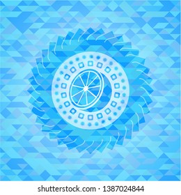 orange icon inside sky blue emblem with mosaic ecological style background