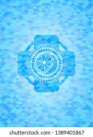 orange icon inside sky blue emblem. Mosaic background