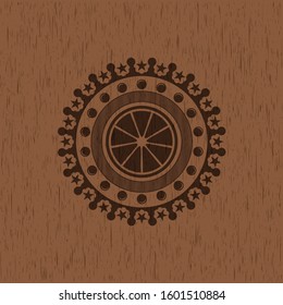 orange icon inside vintage wood emblem