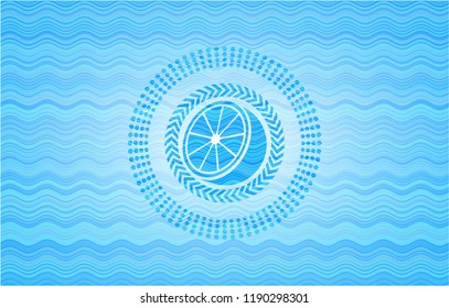 orange icon inside water wave badge.