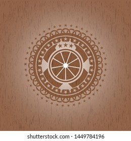 orange icon inside wood emblem. Retro