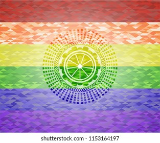 orange icon on mosaic background with the colors of the LGBT flag