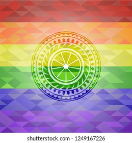 orange icon on mosaic background with the colors of the LGBT flag