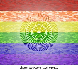 orange icon on mosaic background with the colors of the LGBT flag