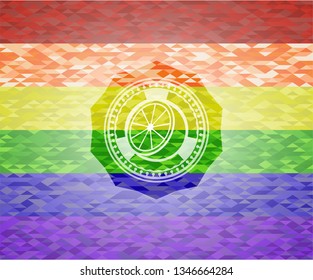orange icon on mosaic background with the colors of the LGBT flag