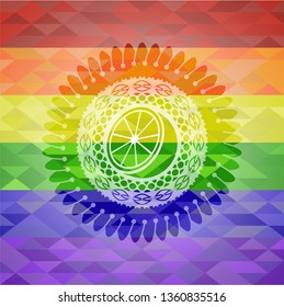 orange icon on mosaic background with the colors of the LGBT flag