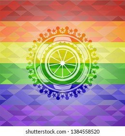 orange icon on mosaic background with the colors of the LGBT flag