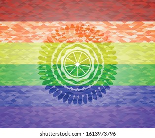 orange icon on mosaic background with the colors of the LGBT flag