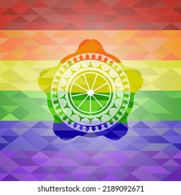 orange icon on mosaic background with the colors of the LGBT flag. 