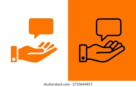 Orange icon of an open hand holding a speech bubble, symbolizing communication, support, and ideas.