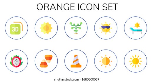 conjunto de iconos anaranjados. 10 iconos planos de color naranja.  Iconos modernos sencillos, como: d, fruta del dragón, sol, maíz dulce, frutas, cono de tráfico