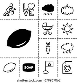 Orange icon. set of 13 filled and outline orange icons such as sun, lemon, soap, pumpkin, baby stroller, reload, love word, basketball player, flag