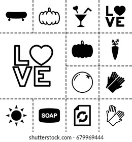 Orange icon. set of 13 filled and outline orange icons such as sun, pumpkin, soap, gloves, reload, love word, cocktail, orange, skate