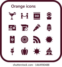 orange icon set. 16 filled orange icons.  Simple modern icons about  - Cocktail, Velvet, Feed, Sunflower, d, Juice, Carrot, Chinese, Kiwi, Rss, Sun, Paprika, Tent